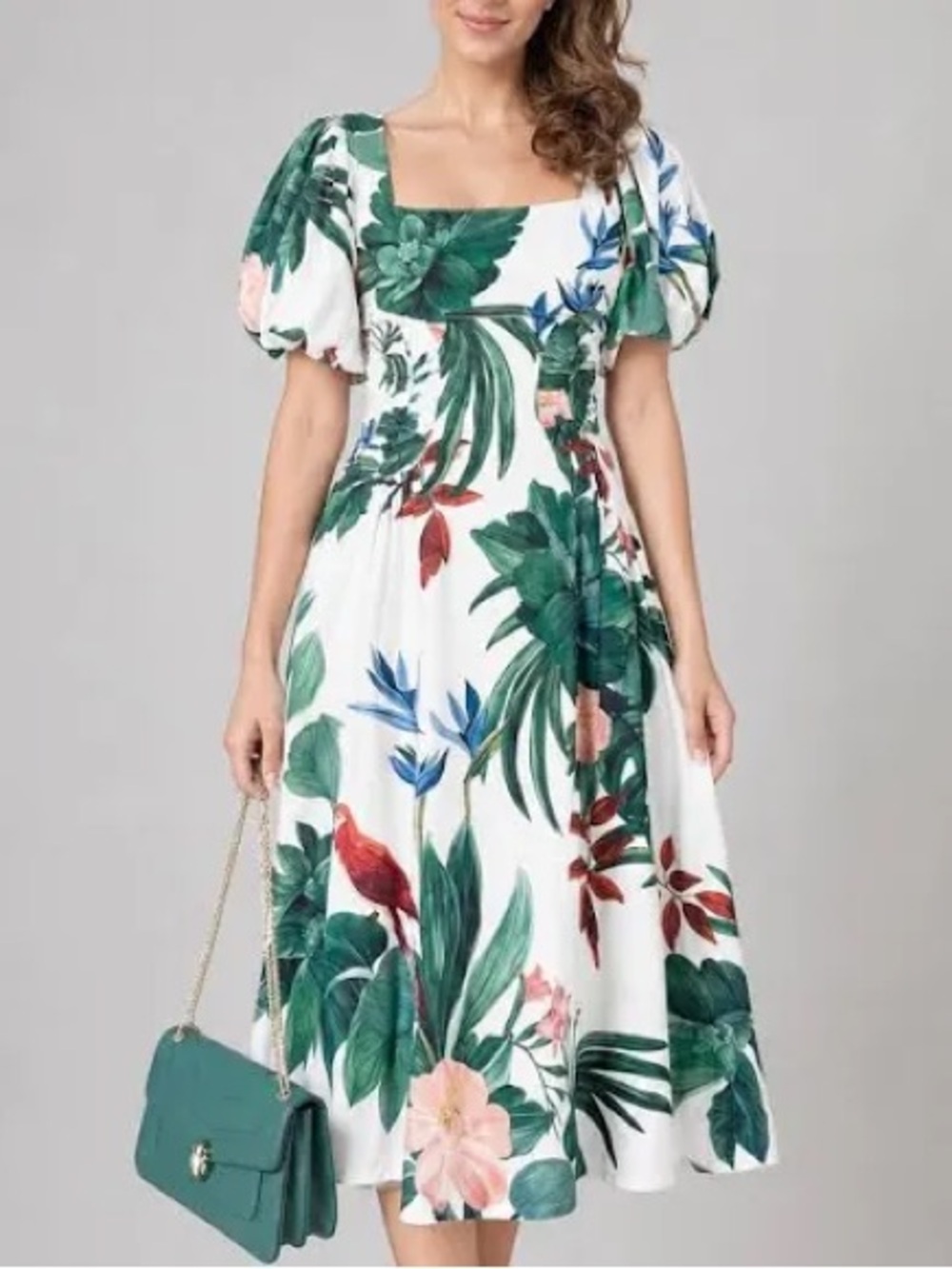FARM Rio White Midi Dress with Green Tropical & Red Parrot Print